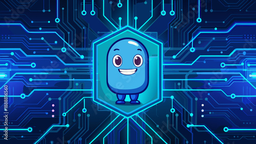 This modern engineering design features an intricate electronic circuit board and computer processor chip representing the high-tech hardware and digital data networks essential to the internet indust