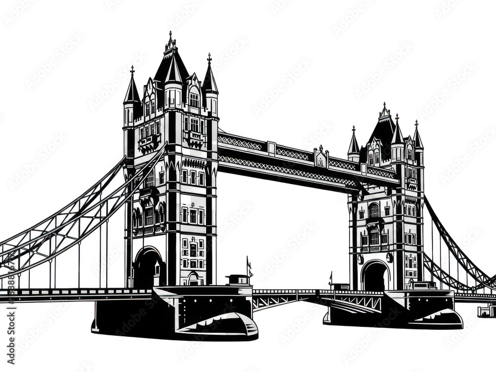 Obraz premium Detailed black and white vector illustration of london tower bridge on transparent background