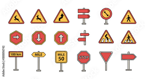 A comprehensive collection of various road signs including warning, regulatory, informational, and directional signs, set against a white background.