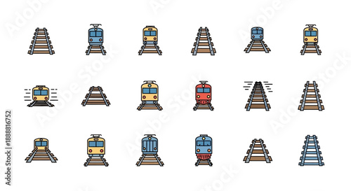 Collection of pixel art icons depicting various trains and railway tracks from a front perspective, isolated on a white background.