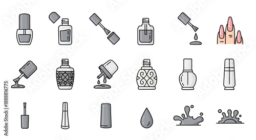 A collection of detailed line art icons depicting various aspects of nail polish, including bottles, brushes, spills, and manicured nails.