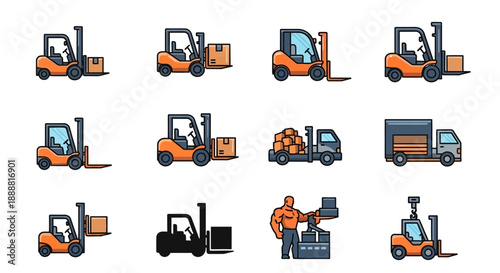 A collection of colorful icons depicting forklifts, delivery trucks, and warehouse operations, illustrating logistics and material handling processes.