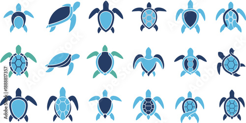 Sea Turtle Icon Illustration Set Featuring Blue Marine Turtle Symbols in Flat and Outline Styles for Apps, Logos, Education, and Vector Design
