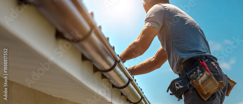 A man in a tool belt installing or repairing gutters on a house exterior on a sunny day