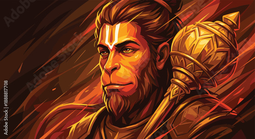 Majestic Lord Hanuman Portrait with Golden Gada - Hindu God of Strength and Devotion