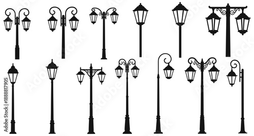 Vintage Street Lamp Silhouette Icons: Ornate Lanterns, Scrollwork, Double and Single Posts, Decorative Bases, Black and White, Minimalist Style, Historical Urban Design
