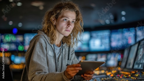 Focused woman holds tablet in control room surrounded by screens. Represents media production, monitoring, or complex tech operations.