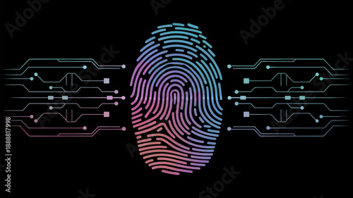 Digital fingerprint formed with glowing neon circuit pathways in a cyberpunk aesthetic, symbolizing cybersecurity, technology identity, data protection, futuristic systems, and advanced digital securi