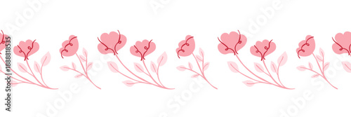 Seamless border frame with simple spring flowers for Valentine's Day decor. Vector hand drawn illustration for cards, invitations, headers, Washi tape, scrapbooking, adhesive tape