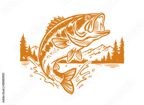 Bass fish illustration. Jumping bass artwork for t shirt print, poster, sticker, background and other uses. Fishing outdoor adventure logo design.