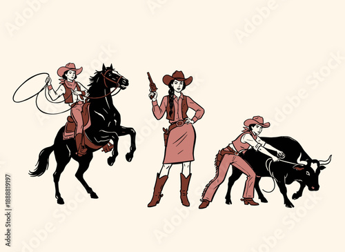 Cowgirls set vector illustration design. Wild West women power artwork. Rodeo champion graphic print. Vintage western design for t shirt print, poster