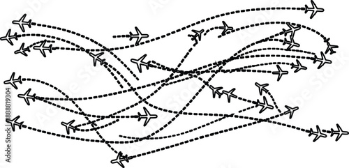 The image is a black and white illustration that showcases several airplanes in flight, each designed with a sleek and modern aesthetic.