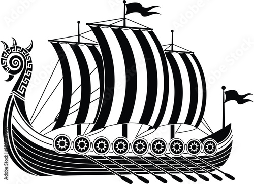 Viking Longship Illustration with Striped Sails and Dragon Head, Ancient Norse Warrior Ship in Bold Black and White Style