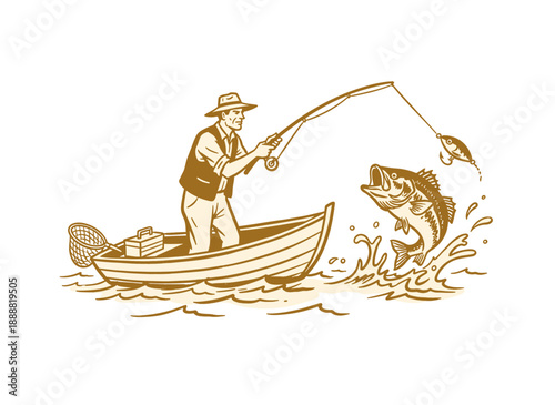 Fisherman catching bass fish in boat illustration. Vintage fishing trip artwork. Outdoor hobby art for t shirt print, poster, sticker, background.
