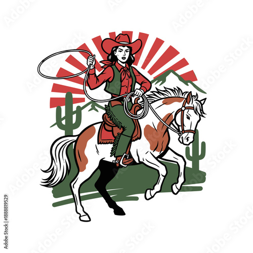 Cowgirl riding horse illustration. Western pin up girl design. Rodeo event graphic. Wild West adventure artwork for t shirt print, poster, sticker, ba