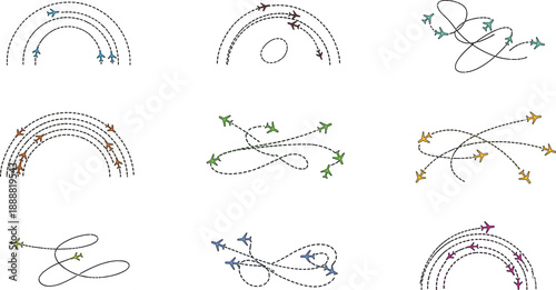 The image presents a visually engaging collection of nine stylized diagrams, each illustrating distinct flight paths of small airplanes. Set against a clean white background, the diagrams allow for ea