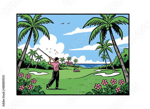 Tropical golf course artwork. Seaside golf resort vintage illustration. Golfer swing action design. Golf artwork for t shirt print, poster, sticker, b