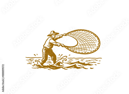 Vintage fisherman throwing net artwork design. Retro outdoor water activity emblem. Nautical adventure illustration for logo and branding. t shirt pri