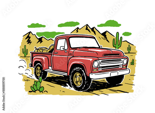 Classic red pickup truck vector illustration. Desert road trip artwork. Vintage adventure t shirt print design. Old truck graphic for poster sticker b
