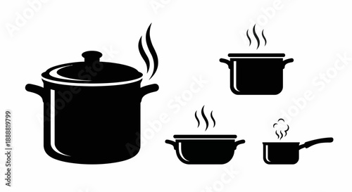 Set of Black Silhouette Steaming Cooking Pots and Pans Collection Vector Illustration, Hot Pot with Lid Steam Rising, Soup Casserole Saucepan Frying Pan Kitchen Icons Pack