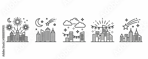 Set of Black Silhouette City Skylines with Fireworks Celebration Collection Vector Illustration, Night Sky Buildings Moon Stars Shooting Stars Clouds Festive Icons Pack