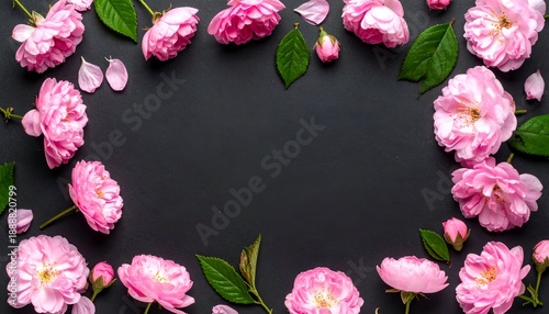 A beautiful arrangement of pink flowers and leaves forming a decorative border on a dark background