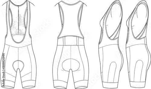 Cycling bib shorts technical line illustration showing front back and side views with padding seams and professional sportswear apparel construction details