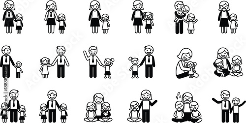 Family stick figure illustration set showing parents and children in caring parenting moments happy poses and daily lifestyle activities in simple cartoon style