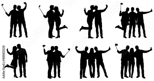 Selfie Silhouette Icons: Couples and Groups, Peace Signs, Kissing Pose, Raised Legs, Selfie Stick, Black and White, Modern Social Behavior, Stylized Illustration