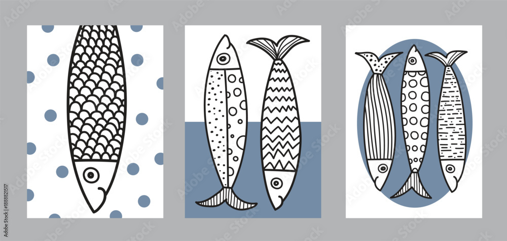 Obraz premium Sardines. Interior poster with fish. Cute set. 