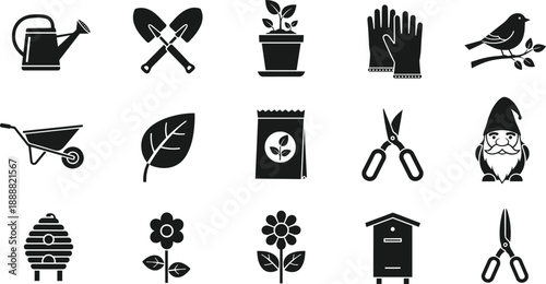 Gardening silhouette icon set featuring tools plants flowers bird gloves seed bag wheelbarrow beehive gnome and nature elements in minimal style