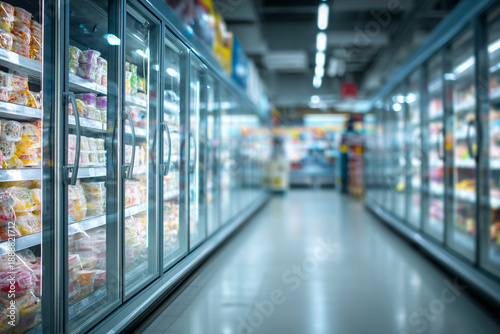 Aisle of refrigerated food products in a modern grocery store with glass front freezers