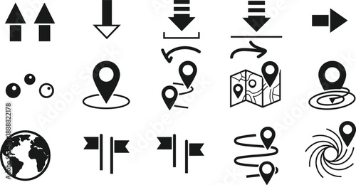 Navigation and direction silhouette icon set featuring arrows location pins maps routes globe and interface symbols for travel gps and user experience design