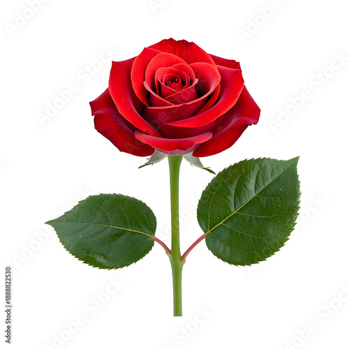 Red Rose Flower with Stem and Leaves Isolated on Transparent Background, PNG