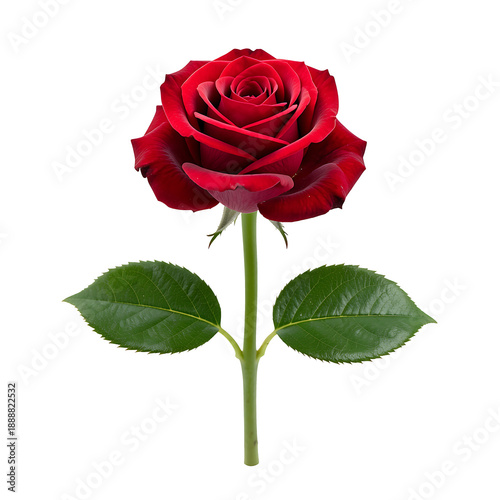 Single red rose flower with green stem and leaves, isolated on transparent background, png