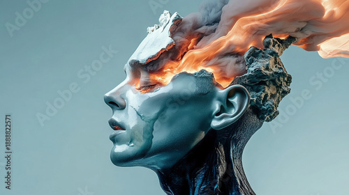woman female portrait with abstract elements of flame blue background, symbolizing inner strength, transformation, burnout, anxiety, panic, the search for meaning, the search for oneself psychology  