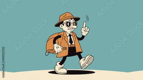 Cartoon Detective Walking with Backpack and Cigar.