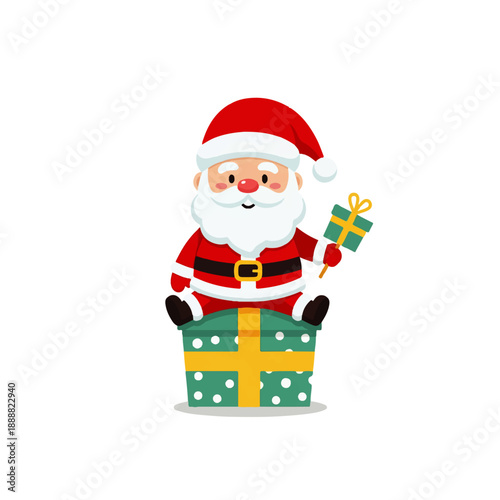 A cute cartoon Santa Claus character sitting on a large gift box and holding a smaller present, perfect for Christmas and holiday designs.