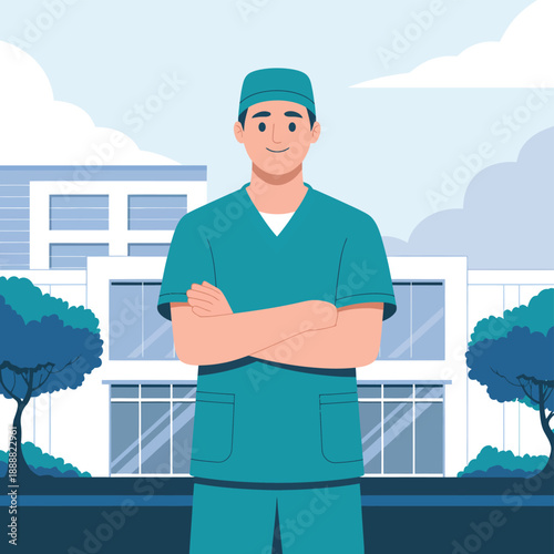 Smiling male nurse standing confidently outside modern hospital