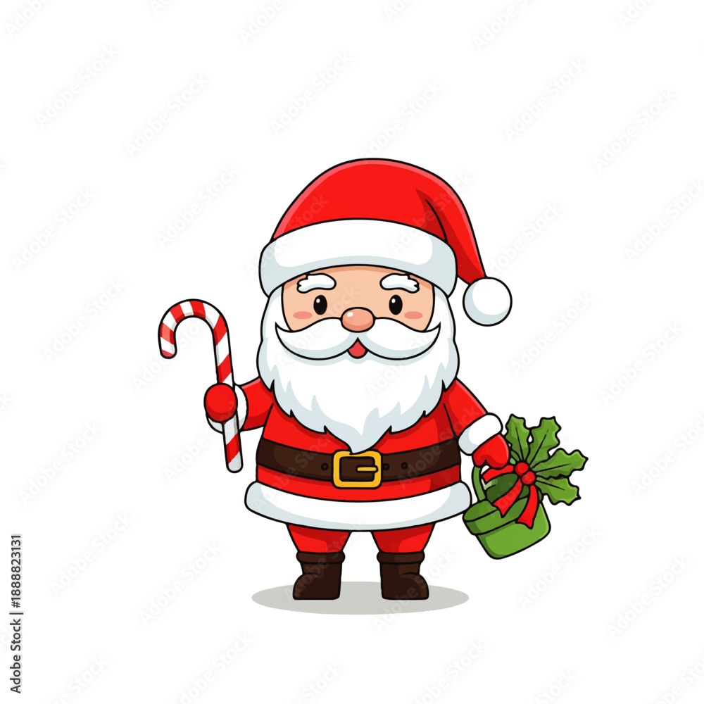 Obraz premium Cute cartoon Santa Claus holding a candy cane and a festive green gift, perfect for Christmas and holiday season designs and greetings.