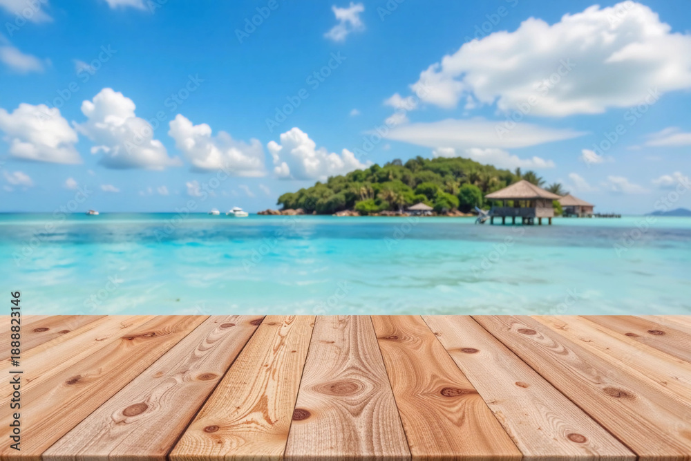 Fototapeta premium Wooden Table Top on Blurred Blue Sea and Tropical Island Background