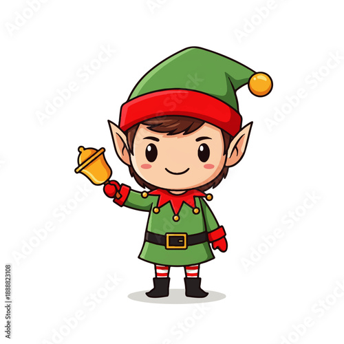 A cute cartoon Christmas elf in a green and red costume, happily ringing a golden bell. Perfect for holiday designs and festive cheer.