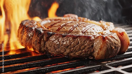 A thick cut of meat sizzling on a hot grill with flames rising around it and smoke wafting upwards Grilled lines are visible on the surface