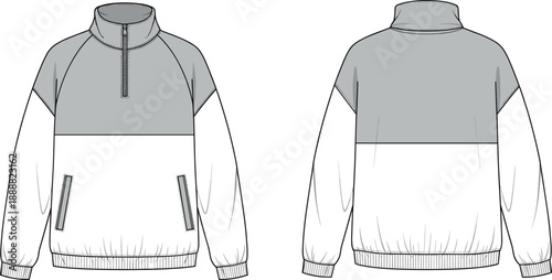 Technical flat sketch of color block half zip pullover jacket with high collar long sleeves zipper pockets elastic hem fashion illustration template