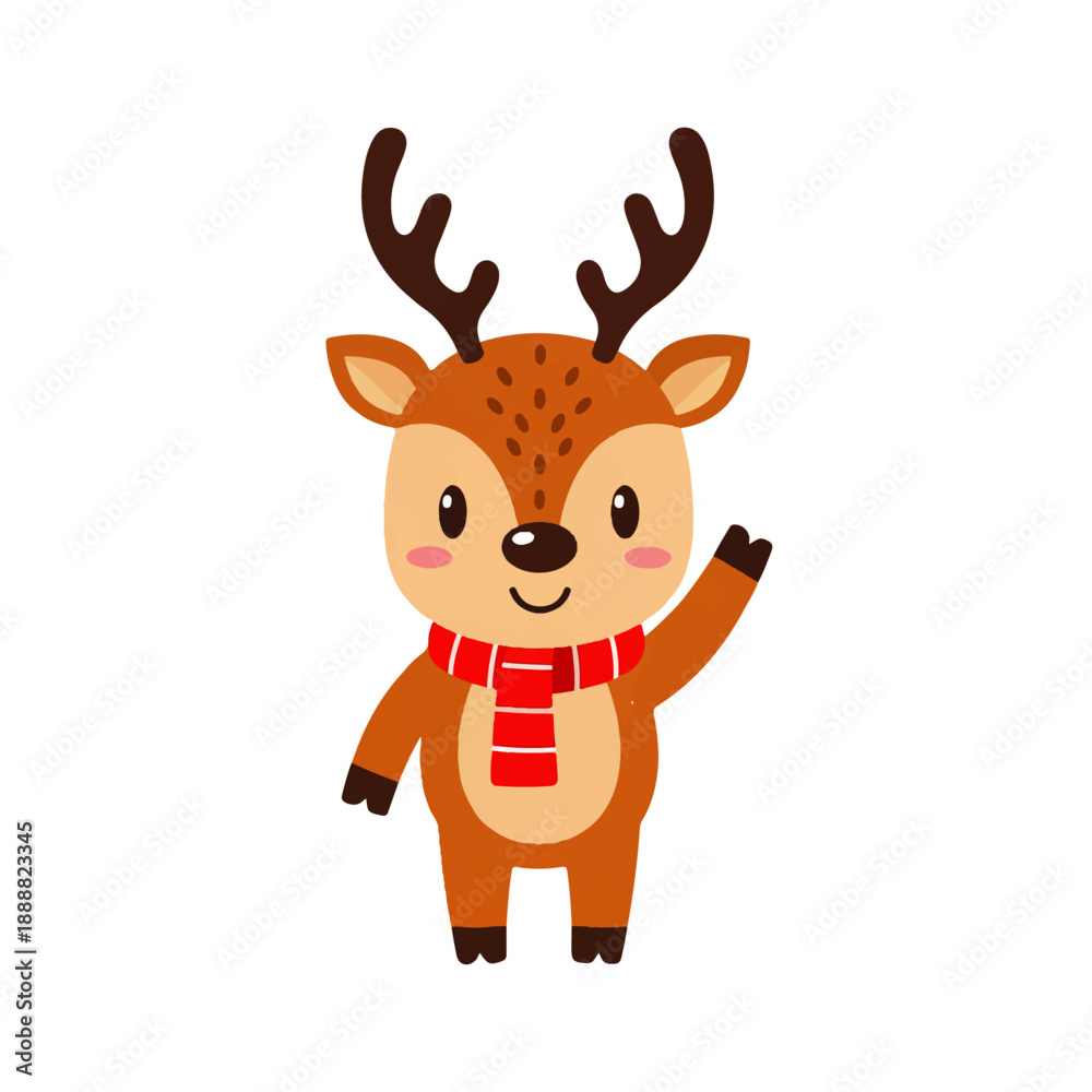 Obraz premium Adorable cartoon reindeer wearing a red and white striped scarf, smiling and waving a friendly greeting. Isolated on a white background, perfect for holiday and winter designs.