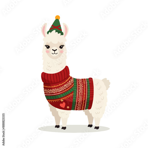 A cute cartoon llama dressed in a festive red and green Christmas sweater and a matching hat, perfect for holiday designs.