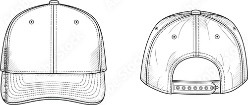 Technical flat sketch of snapback baseball cap with curved brim adjustable strap detailed stitching front and back view fashion illustration template