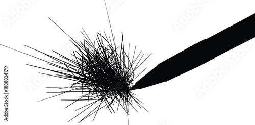 Pencil with radiating lines silhouette, creativity burst, dynamic sketch symbol, flat vector icon