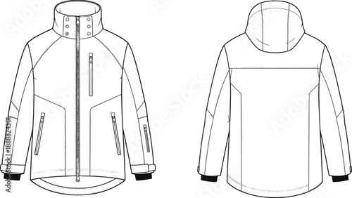 Technical flat sketch of winter jacket with high collar hood multiple zipper pockets long sleeves adjustable cuffs outdoor apparel design illustration