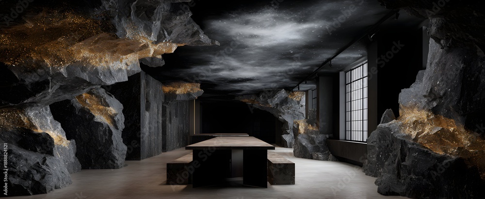Naklejka premium Innovative workspace featuring rugged raw stone and vibrant steaming geothermal springs.